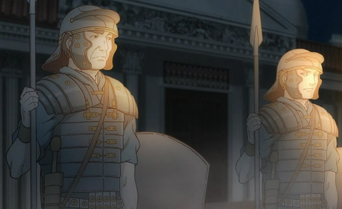 Two legionaries with segmentata in this capture from the anime.